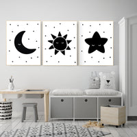 Nursery wall art black and white, gender neutral, baby room decor, sun, moon and stars, black white, nursery wall decor, twin nursery decor
