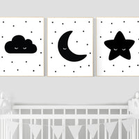 Nursery wall art black, nursery decor gender neutral, baby room decor, cloud, moon and stars, black and white nursery wall decor, twins