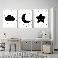 Nursery wall art black, nursery decor gender neutral, baby room decor, cloud, moon and stars, black and white nursery wall decor, twins
