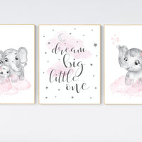 Elephant nursery, nursery wall art girl pink and gray, nursery decor girl, dream big little one, pink nursery, animal prints, girl nursery