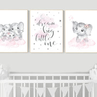 Elephant nursery, nursery wall art girl pink and gray, nursery decor girl, dream big little one, pink nursery, animal prints, girl nursery