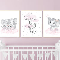 Elephant nursery, nursery wall art girl pink and gray, nursery decor girl, dream big little one, pink nursery, animal prints, girl nursery