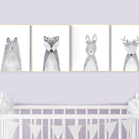 Nursery decor purple, animal nursery, Woodland nursery, lilac nursery, lavender nursery, nursery prints animals, woodland animals, grey
