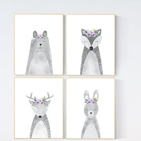 Nursery decor purple, animal nursery, Woodland nursery, lilac nursery, lavender nursery, nursery prints animals, woodland animals, grey