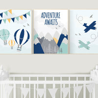 Adventure nursery decor, travel adventure nursery, nursery wall art boy, nursery prints boy mountain, airplane, world map, adventure awaits