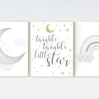 Nursery wall art grey, gray gold nursery, rainbow nursery, nursery decor neutral, baby room decor gender neutral, moon and stars, grey gold