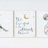 Nursery wall art grey, gray gold nursery, moon nursery, elephant, gender neutral nursery decor, baby room decor gender, moon and stars