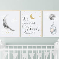 Nursery wall art grey, gray gold nursery, moon nursery, elephant, gender neutral nursery decor, baby room decor gender, moon and stars