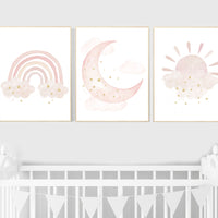 Nursery prints rainbow, blush Nursery decor girl, blush gold nursery wall art, blush pink, moon star, cloud, nursery wall art, sun nursery