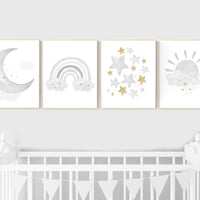 Nursery wall art grey, gray gold nursery, rainbow nursery decor, baby room decor gender neutral, moon and stars, baby room wall art,