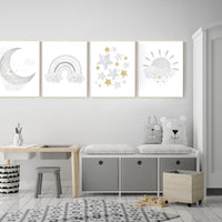 Nursery wall art grey, gray gold nursery, rainbow nursery decor, baby room decor gender neutral, moon and stars, baby room wall art,