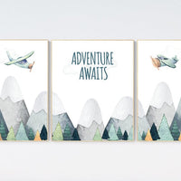 Adventure Awaits Nursery Wall Art, Mountain & Airplane Prints, Woodland Travel Theme, Baby Boy Room Decor, adventure theme nursery decor