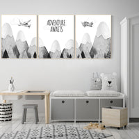 Nursery decor gender neutral, mountain nursery, gray nursery, adventure nursery, travel theme nursery, woodland, explore, hot air balloon