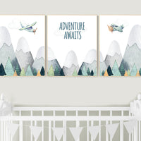 Adventure Awaits Nursery Wall Art, Mountain & Airplane Prints, Woodland Travel Theme, Baby Boy Room Decor, adventure theme nursery decor