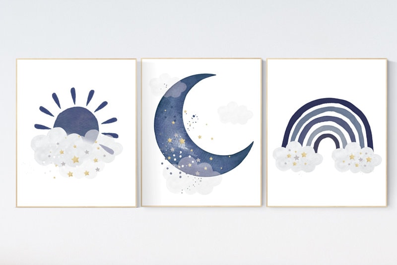 Navy nursery decor, cloud and stars, rainbow nursery, moon and stars, navy blue, gold nursery art, baby room wall art, boy nursery decor