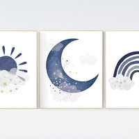 Navy nursery decor, cloud and stars, rainbow nursery, moon and stars, navy blue, gold nursery art, baby room wall art, boy nursery decor