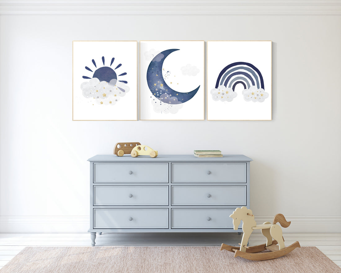 Navy nursery decor, cloud and stars, rainbow nursery, moon and stars, navy blue, gold nursery art, baby room wall art, boy nursery decor