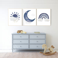 Navy nursery decor, cloud and stars, rainbow nursery, moon and stars, navy blue, gold nursery art, baby room wall art, boy nursery decor