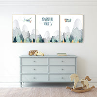 Adventure Awaits Nursery Wall Art, Mountain & Airplane Prints, Woodland Travel Theme, Baby Boy Room Decor, adventure theme nursery decor