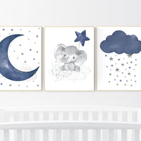 Navy nursery decor, moon and stars, navy blue nursery art. baby room wall art, boy nursery decor, set of 3, nursery prints boy, elephant art