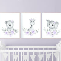 Purple nursery, Floral jungle animals, nursery decor girl flowers, lavender, nursery decor girl boho, floral nursery prints, lilac, elephant