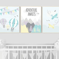 Adventure nursery, yellow, teal, lilac, hot air balloon nursery, adventure awaits, gender neutral , nursery wall art boy airplane, mountain
