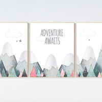 Adventure Awaits Nursery Wall Art Set of 3 - Mountain Forest Baby Room Decor - Boho Gender Neutral Prints - Kids Travel Theme Poster