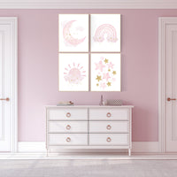 Pink gold nursery, Nursery wall art girl, rainbow, moon and star, cloud, sun, baby room decor, girl nursery art, gold nursery wall decor