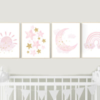 Pink gold nursery, Nursery wall art girl, rainbow, moon and star, cloud, sun, baby room decor, girl nursery art, gold nursery wall decor