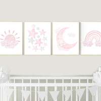 Nursery prints girl, pink grey, rainbow, moon and star, cloud, sun, baby room decor, girl nursery wall art, pink gray, nursery wall decor