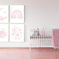 Nursery prints girl, pink grey, rainbow, moon and star, cloud, sun, baby room decor, girl nursery wall art, pink gray, nursery wall decor
