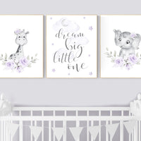 Nursery decor girl boho, Purple nursery, giraffe, elephant, Floral jungle animals, lavender, flower nursery prints, lilac, animal prints