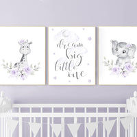 Nursery decor girl boho, Purple nursery, giraffe, elephant, Floral jungle animals, lavender, flower nursery prints, lilac, animal prints