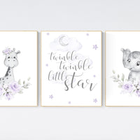 Nursery decor girl boho, Purple nursery, giraffe, elephant, Floral jungle animals, lavender, flower nursery prints, lilac, animal prints