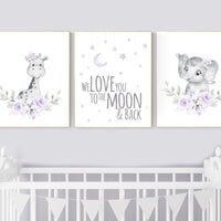 Floral nursery, giraffe, elephant, boho nursery art, Purple nursery, jungle animals, lavender, flower nursery prints, lilac, animal prints