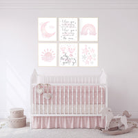 Nursery prints girl, pink grey, rainbow, moon and star, cloud, sun, baby room decor, girl nursery wall art, pink gray, nursery wall decor
