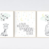 Gender neutral nursery, Mint and yellow nursery, nursery decor giraffe and elephant, cloud and star, mint green and yellow, stars, moon