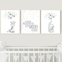 Gender neutral nursery, Mint and yellow nursery, nursery decor giraffe and elephant, cloud and star, mint green and yellow, stars, moon