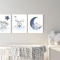 Nursery decor animals, elephant, bunny, bear, animal nursery prints, navy blue nursery, baby room wall decor, woodland animal wall art