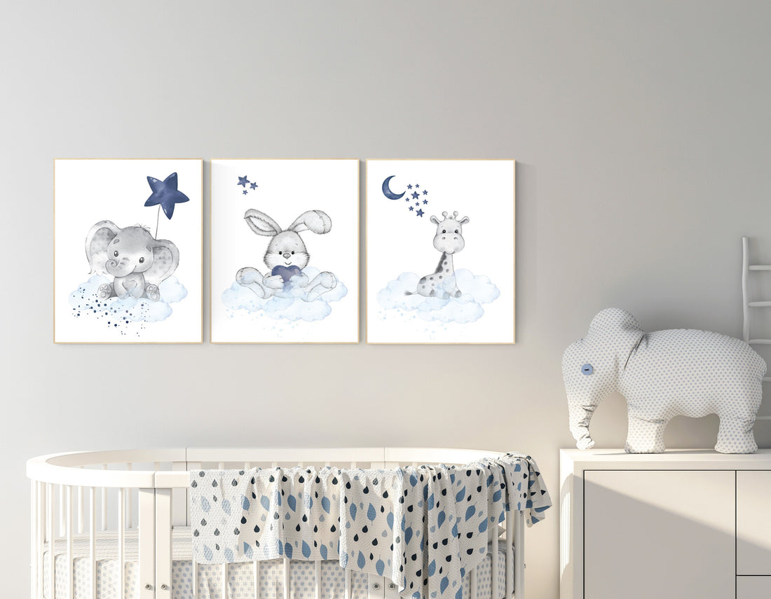 Nursery decor animals, elephant, bunny, giraffe, animal nursery prints, navy blue nursery, baby room wall decor, woodland animals