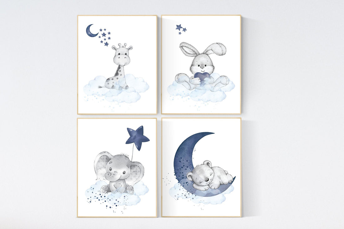 Nursery decor animals, giraffe, elephant, bunny, bear, animal nursery prints, navy blue nursery, baby room wall decor, woodland animal