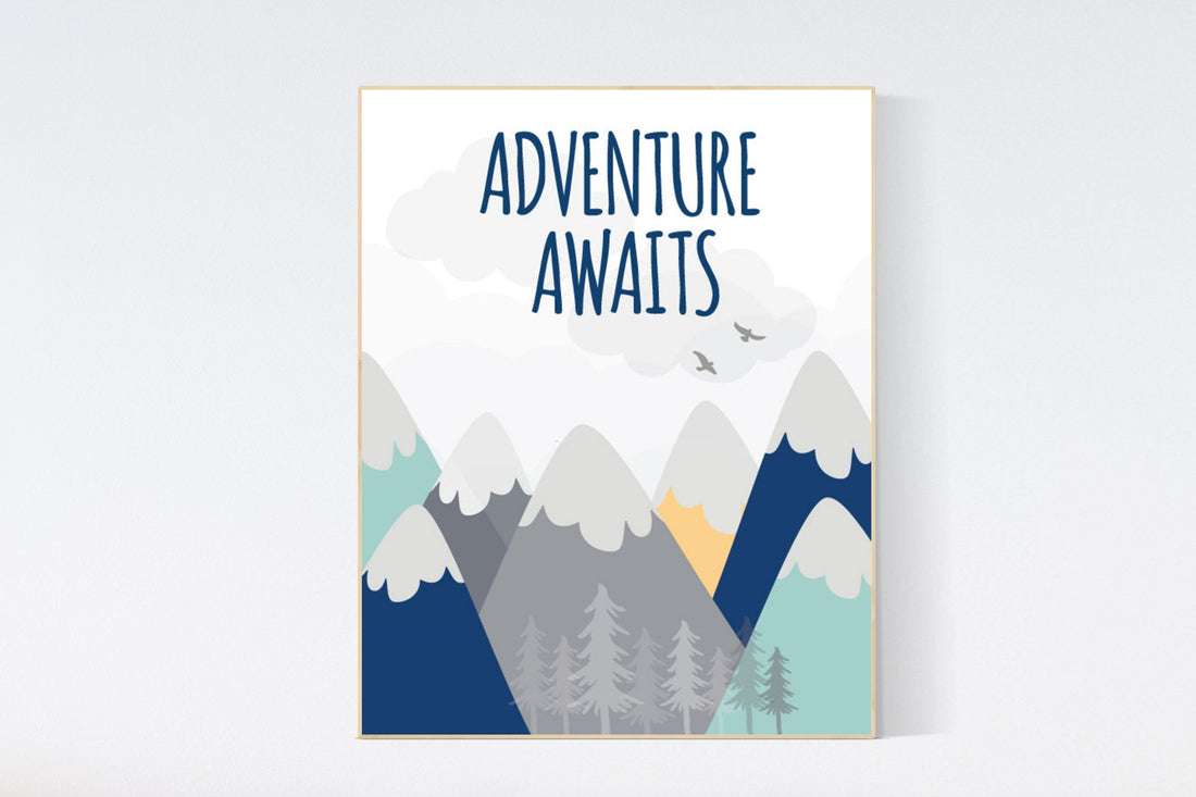Nursery decor adventure, mountain nursery wall art, woodland, adventure awaits, nursery decor neutral, baby room decor mountains