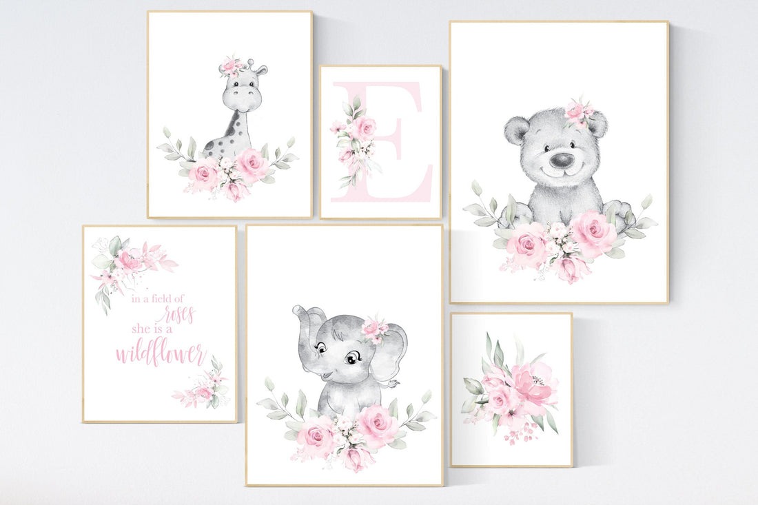 Nursery decor boho, nursery decor girl floral, elephant, giraffe, bear, pink nursery, girl nursery decor name, flower nursery set