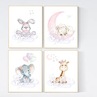 Nursery wall art girl elephant, giraffe, sheep, bunny, pink, mint, purple, cloud and stars, baby room art, girl nursery prints