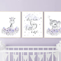 Nursery decor boho, Purple nursery, nursery wall art elephant, giraffe, nursery decor girl, nursery decor girl floral, lilac, lavender