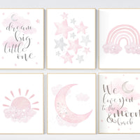 Nursery decor girl pink and gray, pink grey nursery, moon and star, girl nursery wall art, nursery prints girl, rainbow nursery wall decor