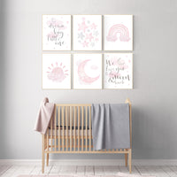 Nursery decor girl pink and gray, pink grey nursery, moon and star, girl nursery wall art, nursery prints girl, rainbow nursery wall decor