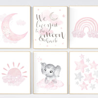 Nursery decor girl pink and gray, pink grey nursery, moon and star, girl nursery wall art, nursery prints gir, elephant nursery wall decor