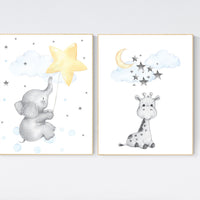 Elephant nursery art, giraffe nursery, blue yellow nursery, neutral nursery prints, cloud nursery, star nursery decor, gender neutral