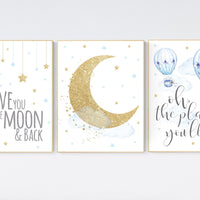 Nursery decor boy elephant, blue and gold nursery, twinkle twinkle little star, blue nursery wall art, cloud and stars, baby room decor